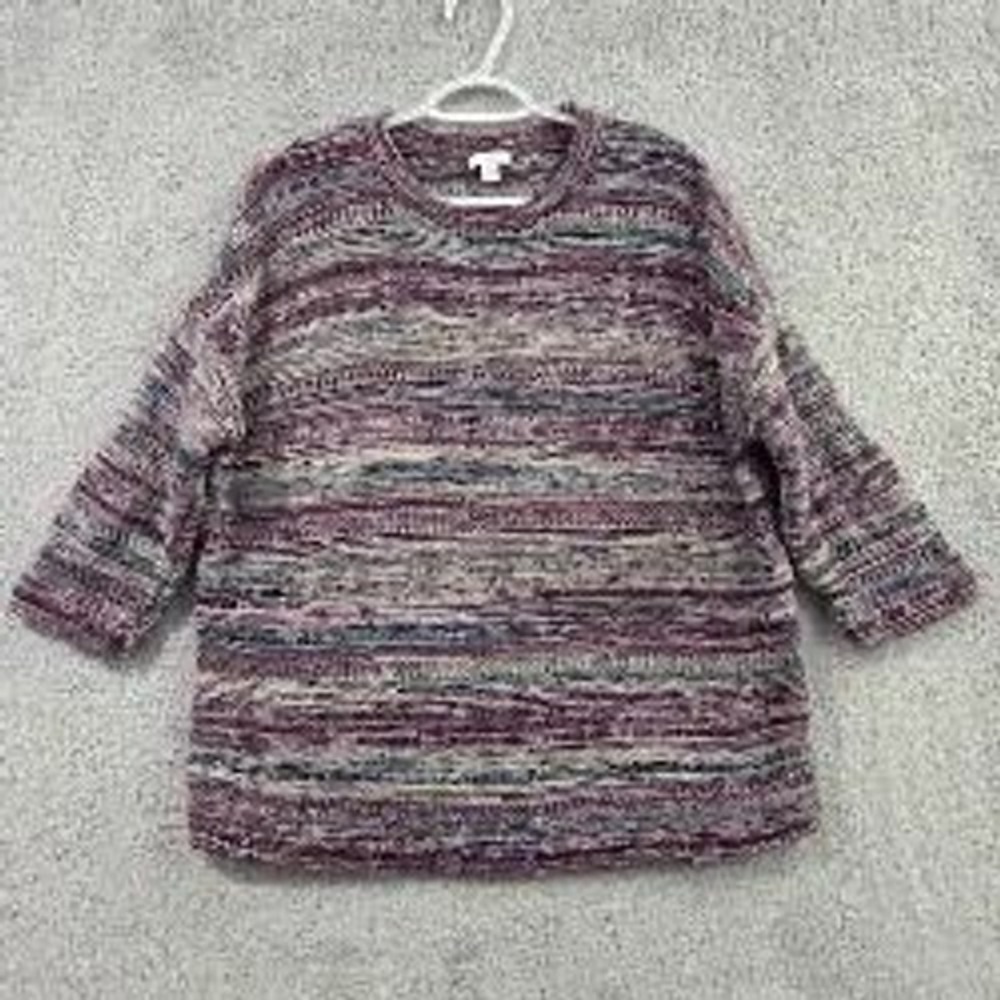 J. Jill Sweater Women's Large Purple Space Dye 100% Cotton Crewneck 3/4 Sleeve‎